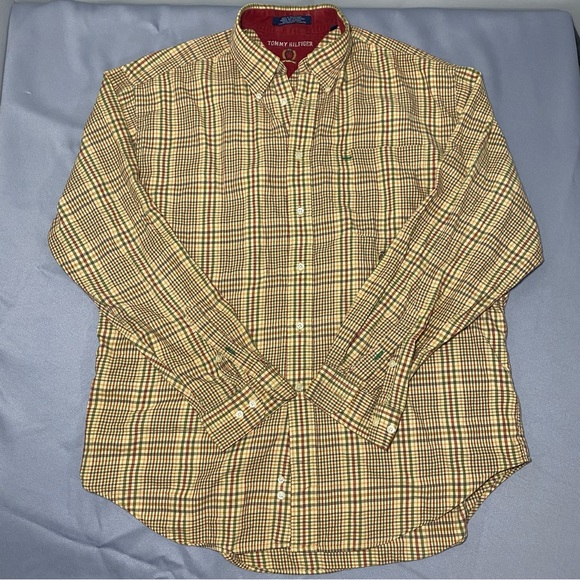 Tommy Hilfiger Long sleeve Shirt Button Down Men's L Pockets Logo Beige Plaid - Picture 1 of 9